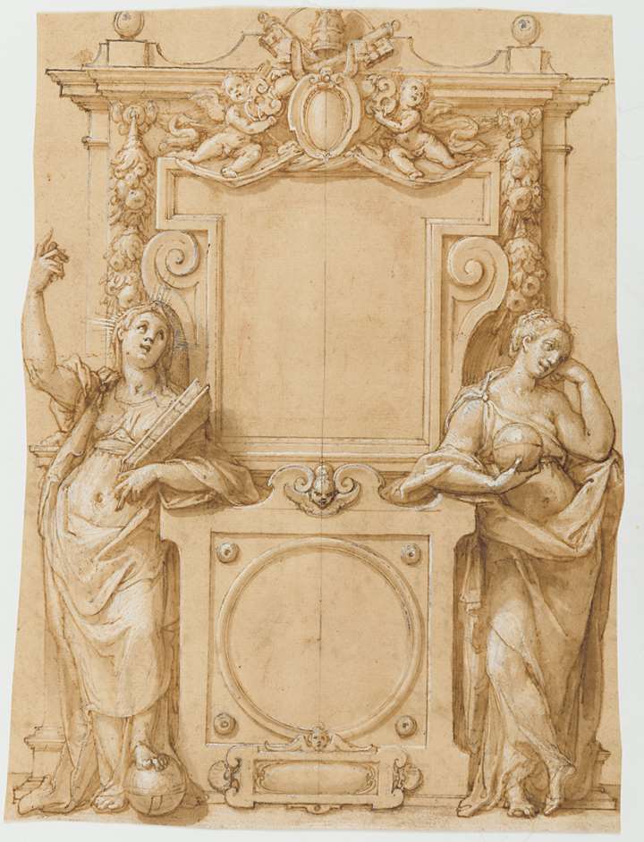 A Design for a Wall Monument with a Papal Coat of Arms Flanked by Allegorical Figures